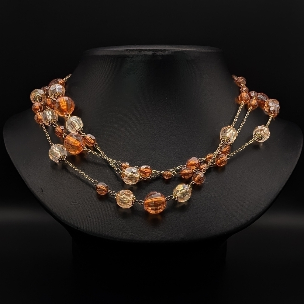 LONG Warm Toned Faceted Beaded Chain Necklace with Aurora Borealis Accents
